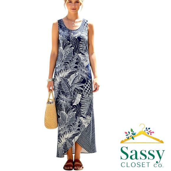 Tommy Bahama Dresses & Skirts - Tommy Bahama Navy White Leaf Print Maxi Dress Sleeveless V‑Neck Women’s S